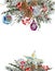 Watercolor Christmas natural template of fir branches, star, pearl beads, pine cones, vintage botanical greeting card