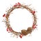 Watercolor Christmas natural wreath of tree branches, red berries, pine cones, vintajge botanical round frame for greeting card