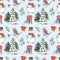 Watercolor Christmas and New Years seamless pattern with cute snowman, robin bird, snowy pine trees, gift boxes. Holiday print