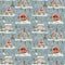 Watercolor Christmas night seamless pattern with winter houses. Hand painted snowy wood cabins, falling snow, fence and