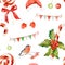 Watercolor Christmas pattern with christmas hat, candy cane, bullfinch, holly and other elements isolated on white background