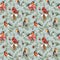 Watercolor Christmas plants and birds seamless pattern. Hand painted cardinal, robin, bullfinch and pine needles