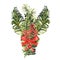 Watercolor Christmas red and green bouquet of Christmas fir branches, bow, holly for invitations, cards, stickers