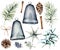 Watercolor Christmas scandinavian decor. Hand painted fir branches and cones, silver bells, star, juniper, snowberry