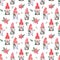 Watercolor Christmas Scandinavian pattern. Seamless background with cute gnomes and poinsettia flowers.