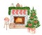 Watercolor Christmas scene with decorated fireplace and christmas tree. Hand painted white brick stone burning fire