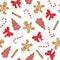 Watercolor christmas seamless pattern with bow, gingerbread, sweet cane and cinnamon