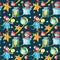 Watercolor Christmas seamless pattern with candle in a glass jar, cute mouse, and snowman in a dark backround