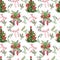 Watercolor Christmas seamless pattern with green fir tree and bells decoration on white background. Winter holiday print