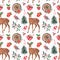 Watercolor Christmas seamless pattern with hand drawn baby deer, cute robin bird, winter pine tree, berries, cake, hot chocolate