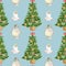 Watercolor Christmas seamless pattern. Hand painted decorated christmas tree, lanterns and burning candles on blue