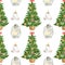 Watercolor Christmas seamless pattern. Hand painted decorated christmas tree, lanterns and burning candles isolated on