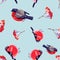 Watercolor Christmas seamless pattern with holiday symbols. Hand painted bullfinch with rowan