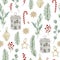 Watercolor christmas seamless pattern with houses fir cookies eucalyptus candy