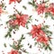 Watercolor Christmas seamless pattern of poinsettia, gold rose, holly, pine cones and branches. Hand painted holiday