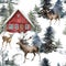 Watercolor Christmas seamless pattern with red house and deers in winter forest. Hand painted illustration with fir