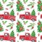 Watercolor Christmas seamless pattern with red truck, fir tree, holly berries, greenery branches on white background. Festive