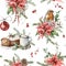 Watercolor Christmas seamless pattern with robin, poinsettia, roses, cake, cup and fir branches. Hand painted holiday