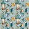 Watercolor Christmas seamless pattern in scandinavian style. Hand painted Blue lantern, cacao cup with marshmallow