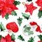 Watercolor christmas seamless pattern with textile poinsettia, leaves, textile heart and star. Hand drawn background