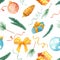 Watercolor christmas seamless pattern. Texture with fir branches, Christmas toys, balls, gifts, bow.