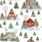 Watercolor Christmas seamless pattern with winter houses. Hand painted wood cabins with fence and snowy fir trees