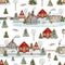 Watercolor Christmas seamless pattern with winter houses. Hand painted wood cabins with fence and snowy fir trees