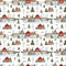 Watercolor Christmas seamless pattern with winter houses. Hand painted wood cabins with fence and snowy fir trees