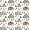 Watercolor Christmas seamless pattern with winter houses. Hand painted wood cabins with fence and snowy fir trees