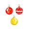 Watercolor Christmas set with assorted glass baubles isolated on white background. Festive Christmas tree decorations.