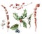 Watercolor Christmas set with colorful berries. Hand painted holly, snowberries and leaves isolated on white background