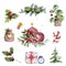 Watercolor Christmas set Objects Collection. Detailed hand drawn isolated illustration. Green leaves, branch