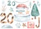 Watercolor christmas set with santa claus hat, numbers 2022, new year, tree, snowflakes