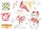 Watercolor christmas set with snowman, bird, snowflakes, gifts, snowdrift, berries