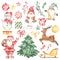 Watercolor christmas set with snowman, santa claus, deer, christmas gnomes, sleigh, gifts, christmas decorations, christmas tree