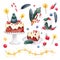 Watercolor Christmas set of sweets  cake  fir branches  sparklers  garlands  berries. New year collection of illustrations