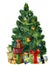 Watercolor Christmas tree with giftboxes. Hand painted pine tree with presents, toys, bells and garlands isolated on