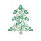 Watercolor Christmas tree from green crystal with gold element on white background. Beautiful bright jewelry shape