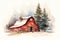 Watercolor christmas tree with wooden red barn, farmhouse winter background. Generative AI