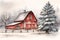 Watercolor christmas tree with wooden red barn, farmhouse winter background. Generative AI