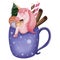 Watercolor christmas unicorn mug, Watercolor cute Unicorn in a mug with cookies,cinnamon and christmas tree