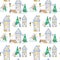 Watercolor Christmas winter houses Seamless pattern. House with wooden door, luminous windows, snow on the roof. Bright