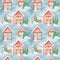 Watercolor Christmas winter houses Seamless pattern. House with wooden door, luminous windows, snow on the roof. Bright