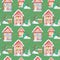 Watercolor Christmas winter houses Seamless pattern. House with wooden door, luminous windows, snow on the roof. Bright