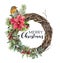Watercolor Christmas wreath with bird. Hand painted tree frame with robin, poinsettia, holly, snowberry, floral and fir