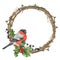 Watercolor Christmas wreath with bullfinch. Hand drawn illustration with holy berries, bird, twig wreath and leaves