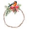 Watercolor Christmas wreath with bullfinch and winter design. Hand painted bird with pine cone, red bow, berries, fir