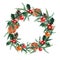 Watercolor Christmas wreath with christmas balls, pinecone, misletoe, oranges and branches of Christmas trees.