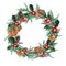 Watercolor Christmas wreath with christmas balls, pinecone, misletoe, oranges and branches of Christmas trees.