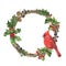 Watercolor Christmas wreath with red cardinal. Hand drawn illustration with holy berries, bird, twig wreath and leaves